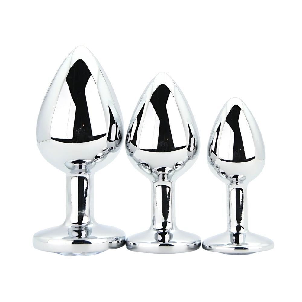 Toosh Metal Butt Plug Silver Set of 3 Clear Stone