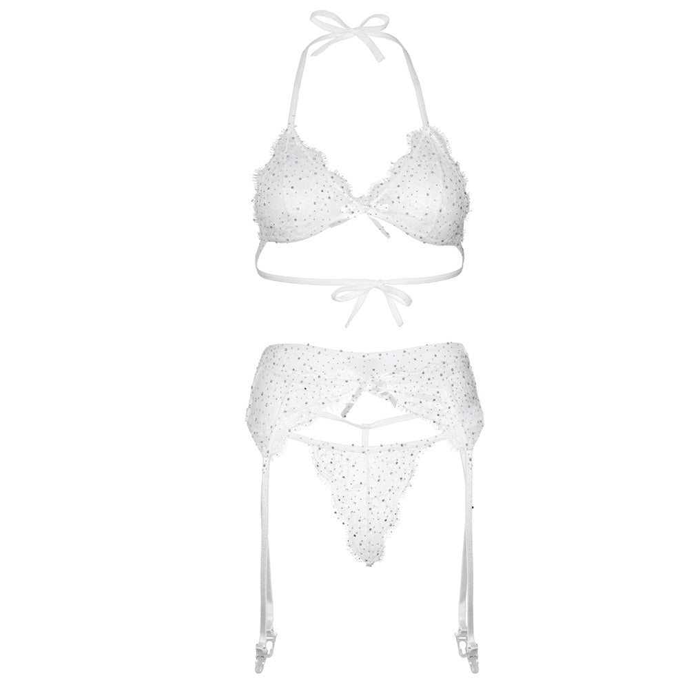 Leg Avenue Lace Bra Top, String and Garter Belt White